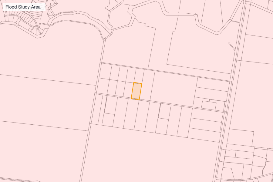 The mapped flood study area over the cadastre, with a lot outlined where the mapped extent runs past it